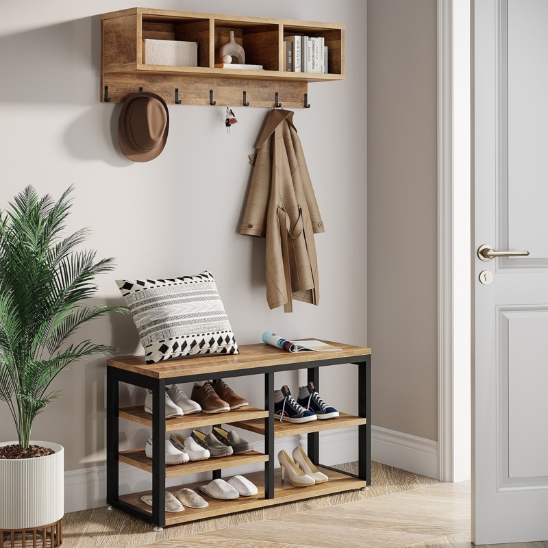 Industrial Entryway Set: Vintage Oak Wall Shelf and 3-Tier Shoe Bench