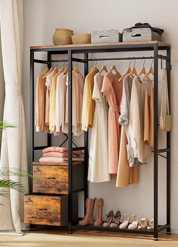 Industrial Garment Rack with Integrated Drawers & Dual Rods