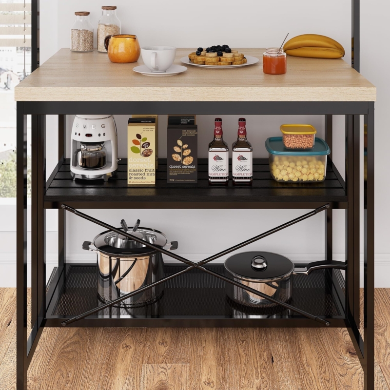 Industrial Kitchen Island with Perforated Mesh Shelf, Prep Table