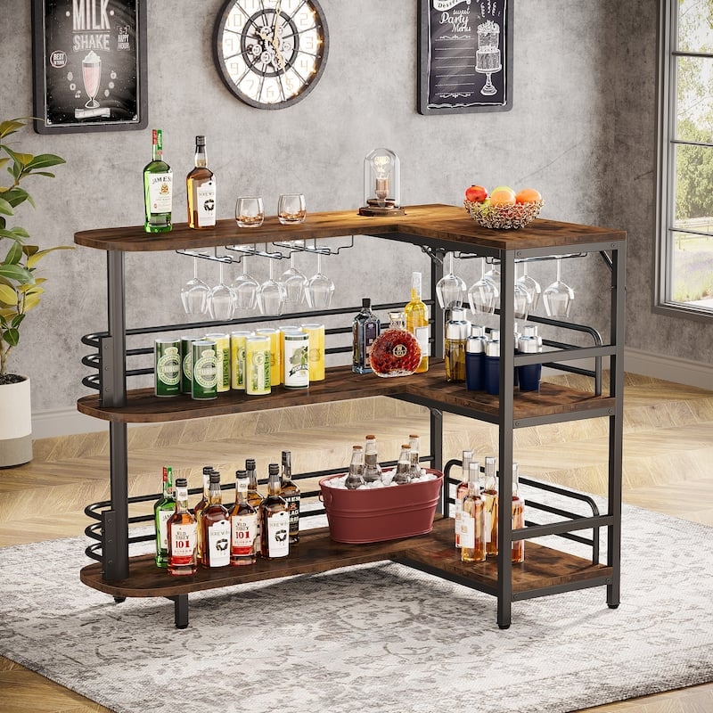 Industrial L-Shaped Bar Unit Walnut with Guard Rails and Three Tiers