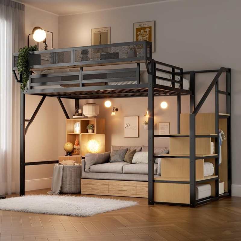 Industrial Loft Bed with Stairs, Mesh Safety Rail and Storage Cubbies