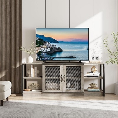 Industrial Mesh TV Stand: Weathered Grey, Metal Mesh Doors.