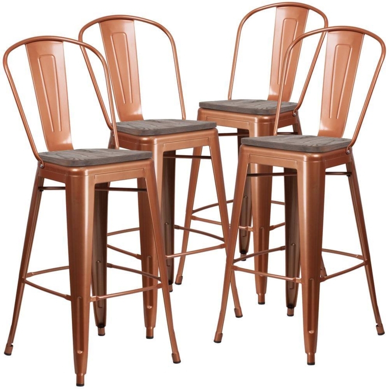 Industrial Metal Bar Stools with Wood Toned Seat and Curved Back