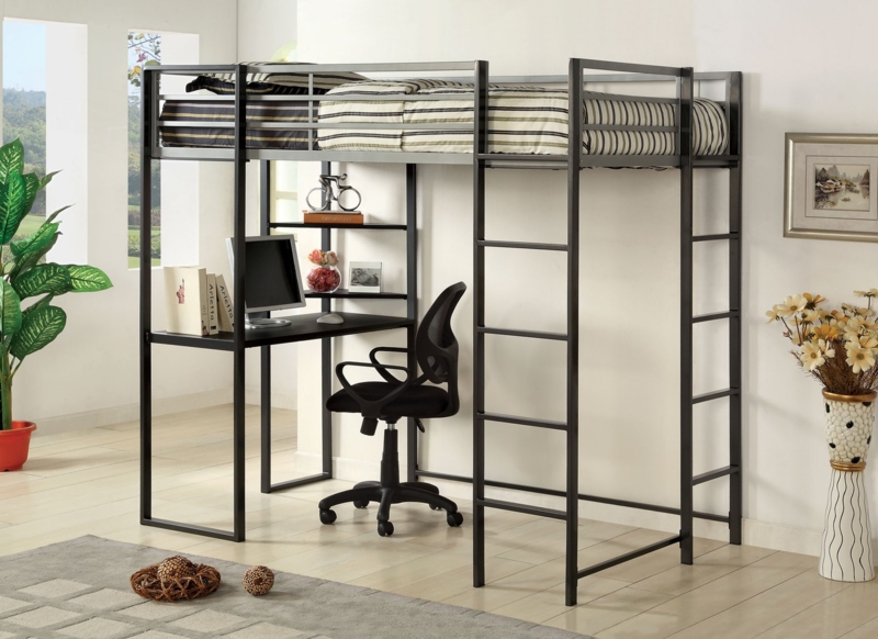 Industrial Metal Loft Bed in Charcoal Grey with Dual Ladders and Desk