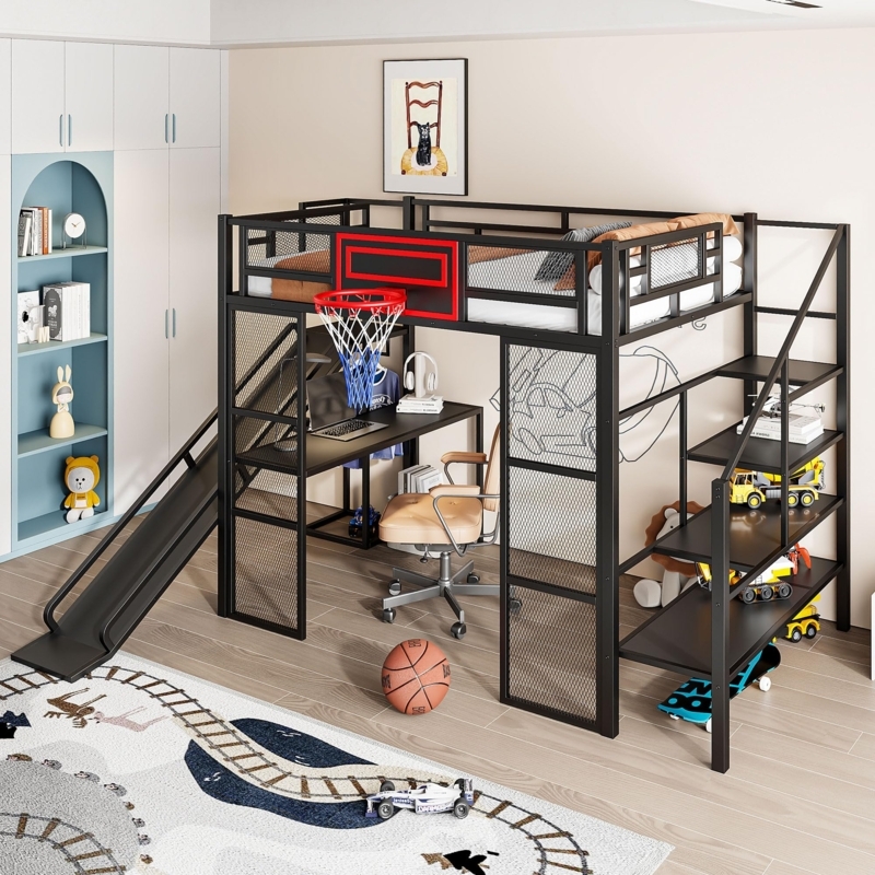 Industrial Metal Loft Bed with Slide and Basketball Hoop Feature
