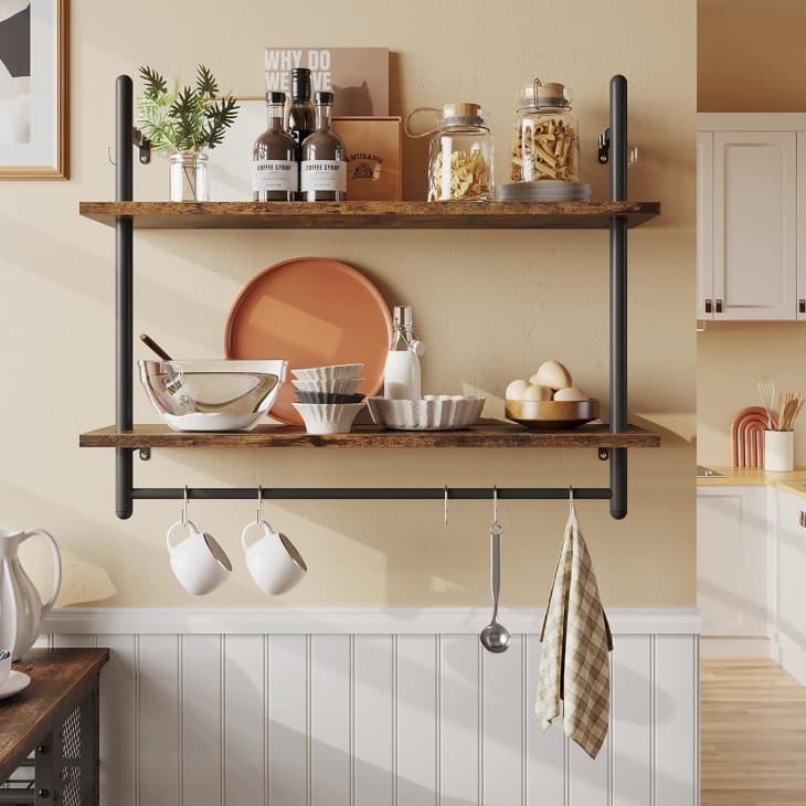 Industrial Pipe Shelf Hanging Rod Two Tier Wood Farmhouse Style