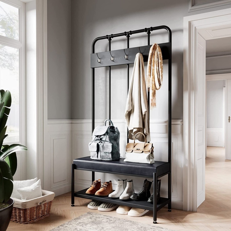 Industrial Pipe Style Hall Tree in Matte Black with Upholstered Bench