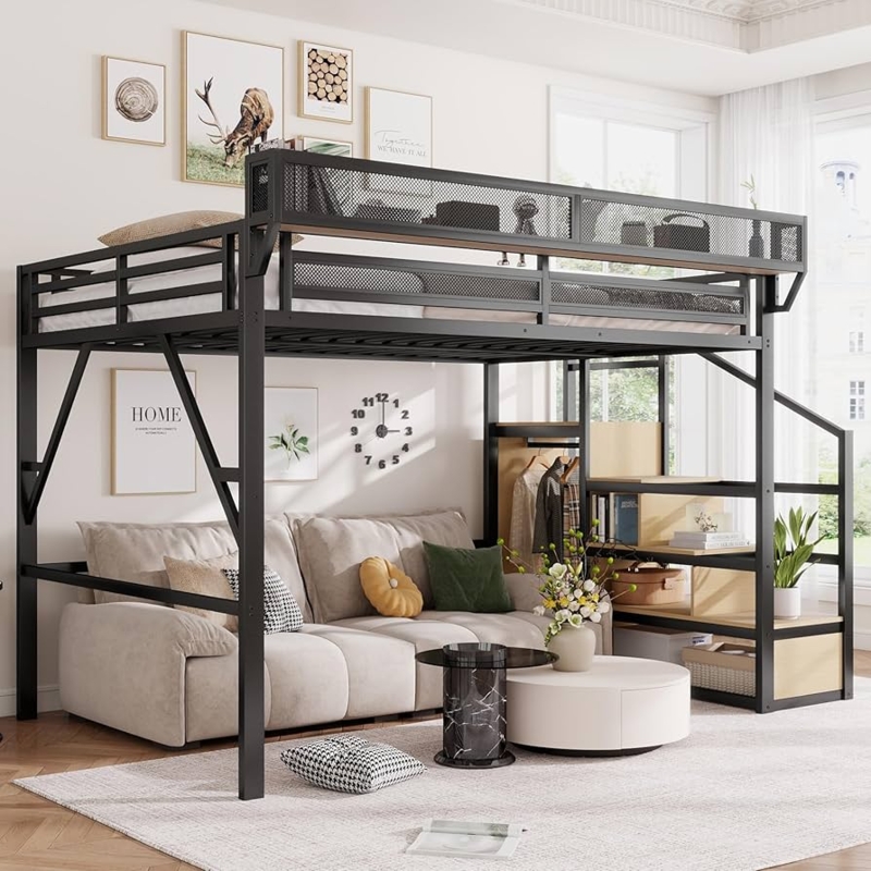 Industrial Queen Metal Loft Bed with Mesh Guardrail and Bedside Shelf