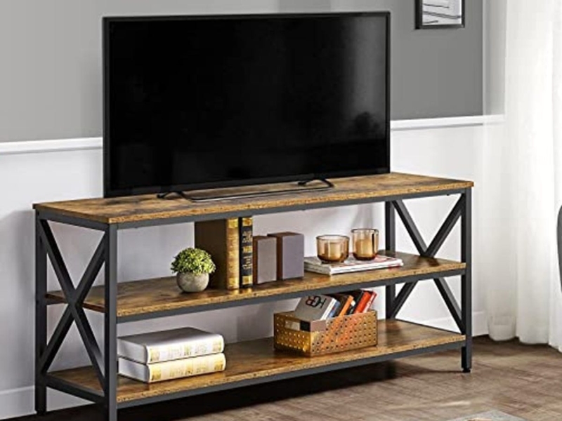 Industrial TV Stand with X-Brace Sides, Open Shelving Unit in Black.