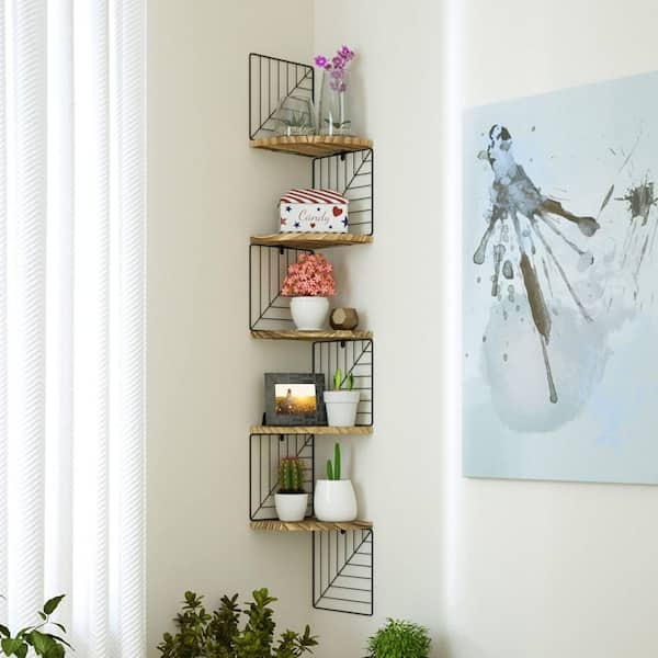 Industrial Zigzag Wall Shelf: Geometric Wire Frame, 5-Tier Corner Unit