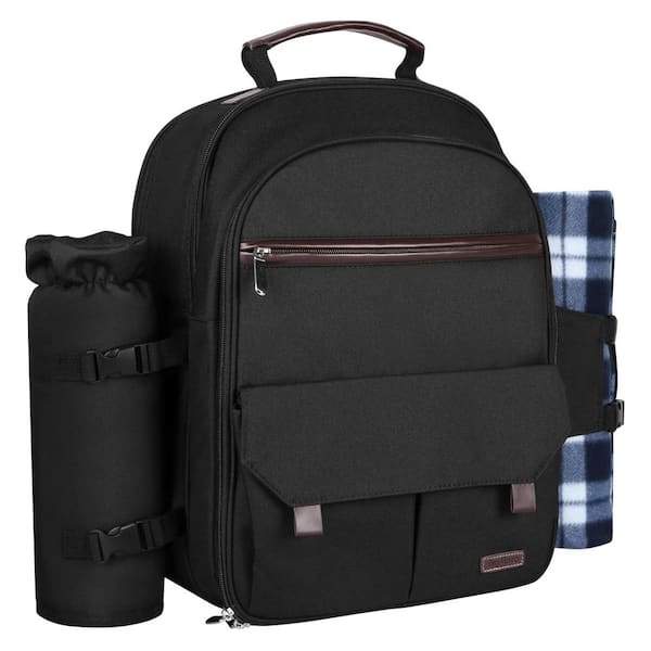 Insulated Picnic Backpack with Wine Pouch and Blue Plaid Blanket