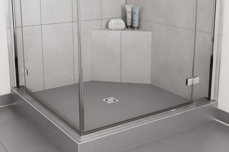 Integrated Corner Shower Bench in Modern Gray Tiled Shower