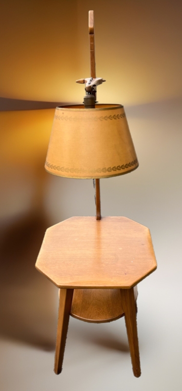 Integrated Lamp Table Octagonal Wood Top Tapered Tripod Legs Mid-Century