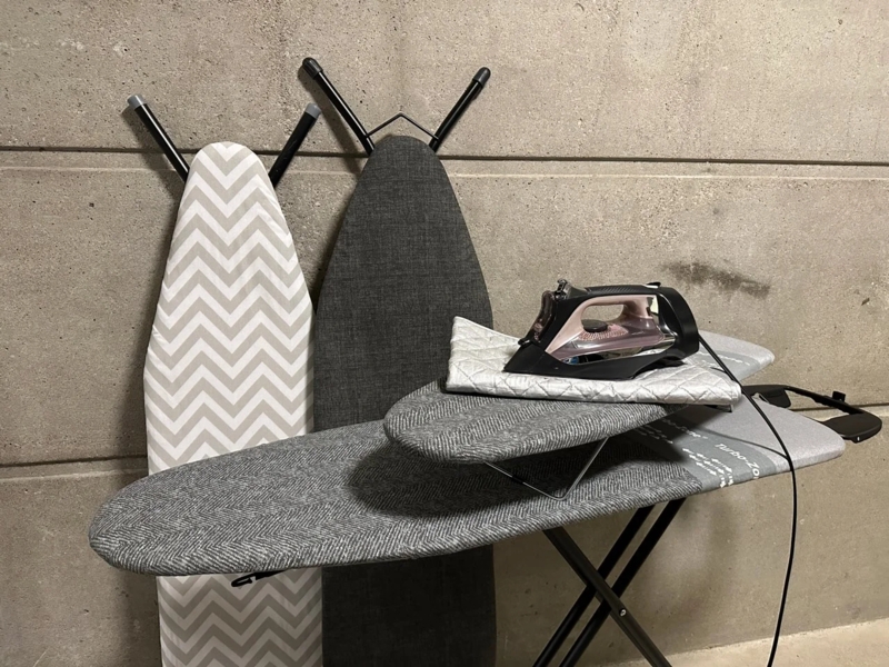 Ironing Board featuring Gray Herringbone Pattern and Matte Black Legs