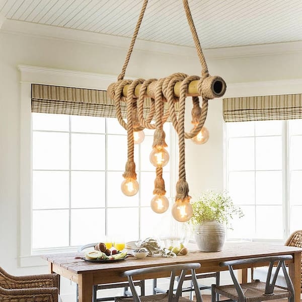 Island Chandelier, Linear Bamboo Pole with Hemp Rope Wraps, 6-Light