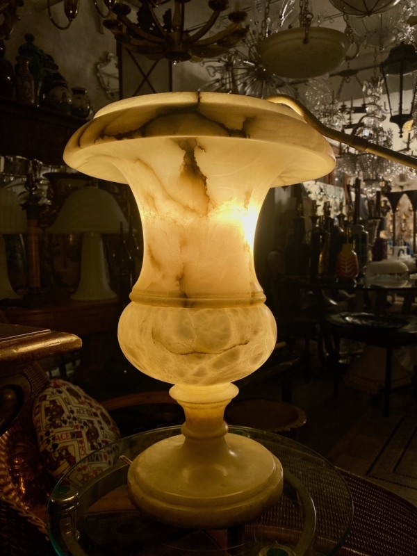 Italian Alabaster Table Lamp, Cinched Waist and Dark Veining
