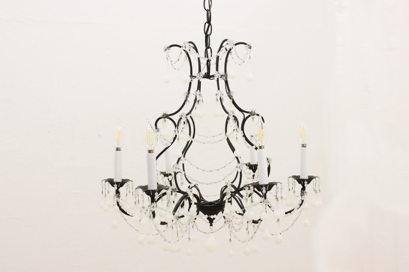 Italian Vintage Wrought Iron Chandelier, Crystal Prisms