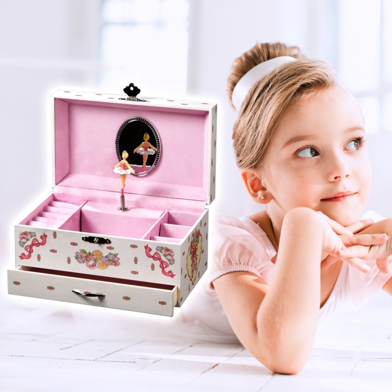 Ivory Ballerina Musical Jewelry Box with Pink Velvet Lining