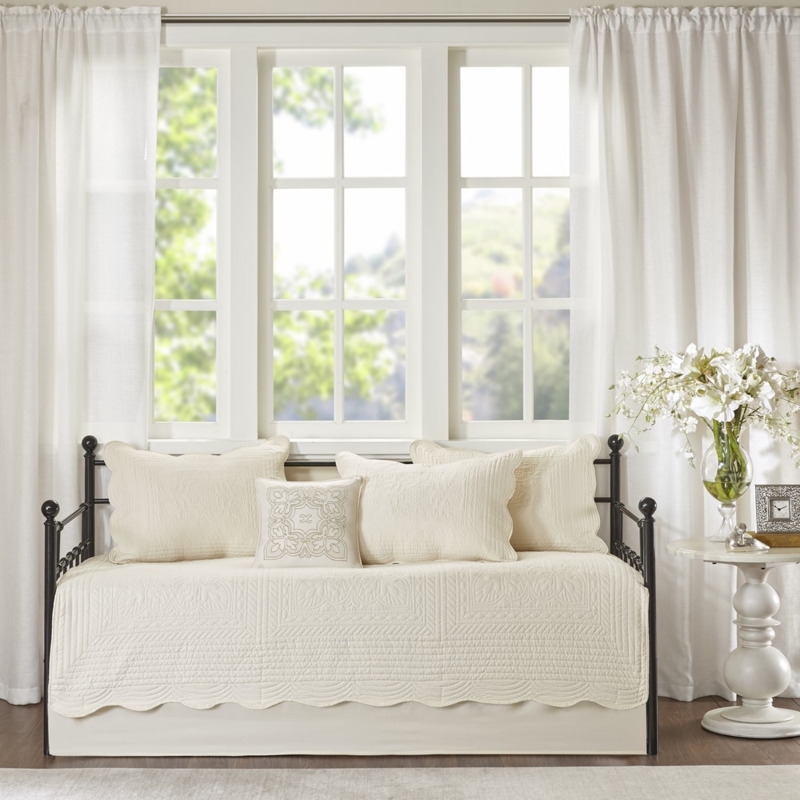Ivory Quilted Daybed Set Scalloped Edge Embroidered Medallion