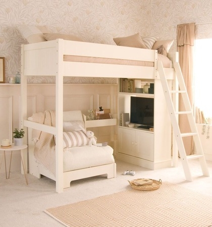 Ivory White Loft Bed with Convertible Futon Chair and Media Cabinet