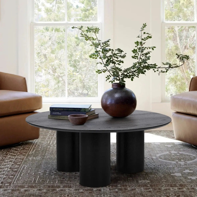Japandi Coffee Table Three Cylindrical Legs Chunky Base Matte Black Wood