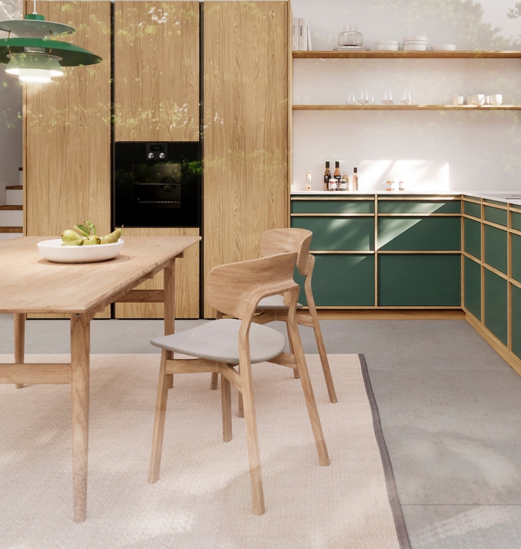 Japandi Kitchen Cabinets Forest Green Wood Grid Detailing