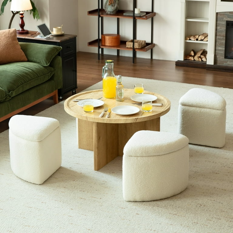 Japandi Round Coffee Table Set with Cream Bouclé Nesting Stools