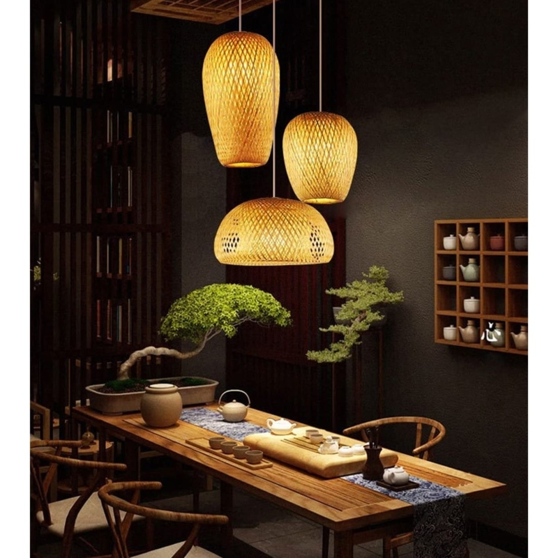Japandi Woven Pendant Cluster Mixed Dome and Ovoid Shades
