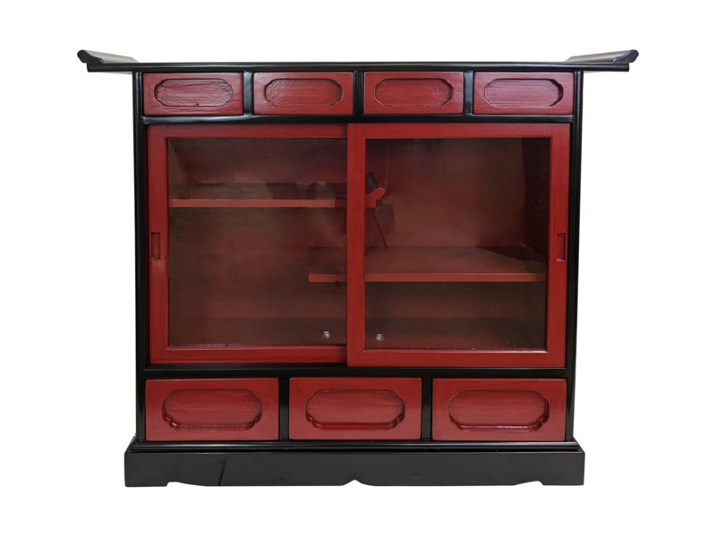 Japanese Curio Cabinet Vermillion Lacquer with Staggered Shelves