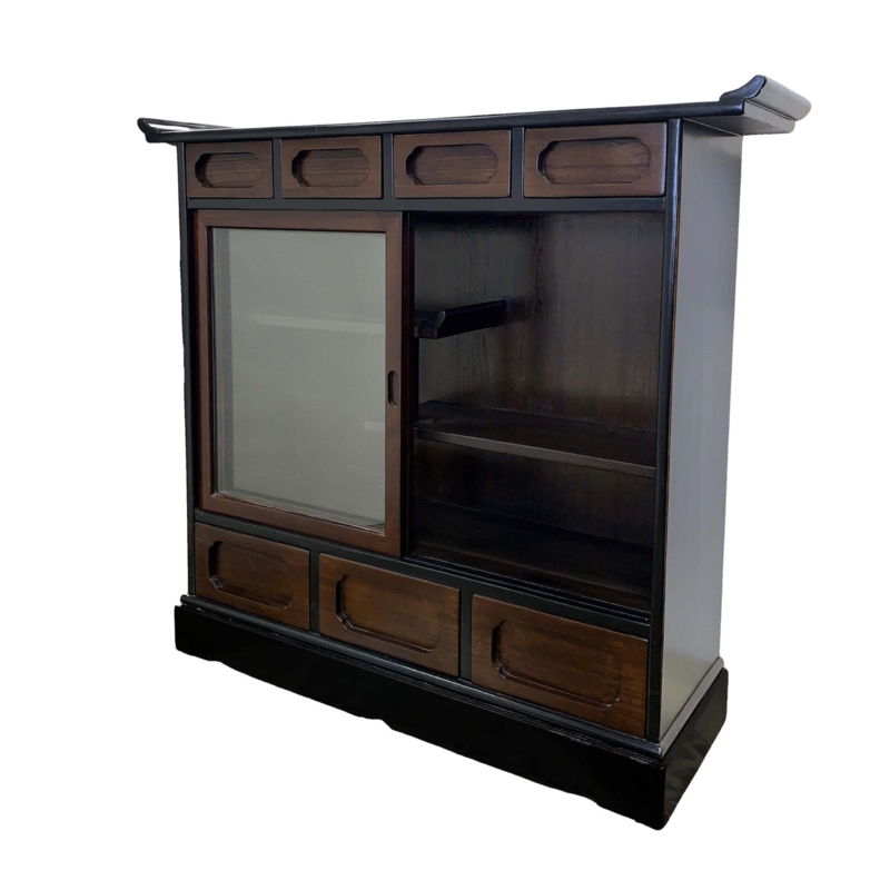 Japanese Zen Storage Unit with Sliding Glass Door and Flared Top
