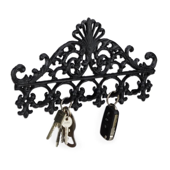 Key Rack Ornate Scrollwork Cast Iron Fan Motif Matte Black Filigree