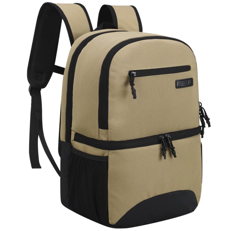 Khaki Cooler Backpack with Dual Compartments and Corded Zipper Pulls