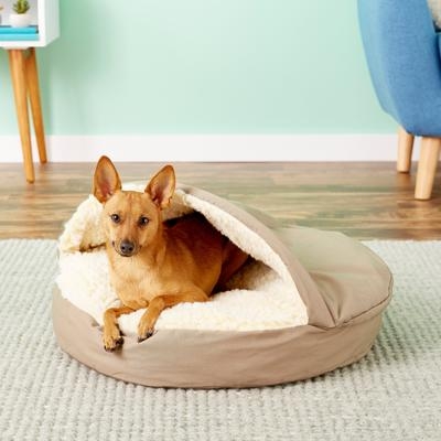 Khaki Hooded Pet Bed with Sherpa Lining and Mid-Century Styling