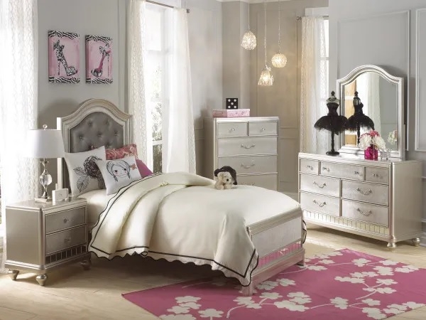 Kid Bedroom Set Glam Champagne Metallic Finish Tufted Headboard Crystal