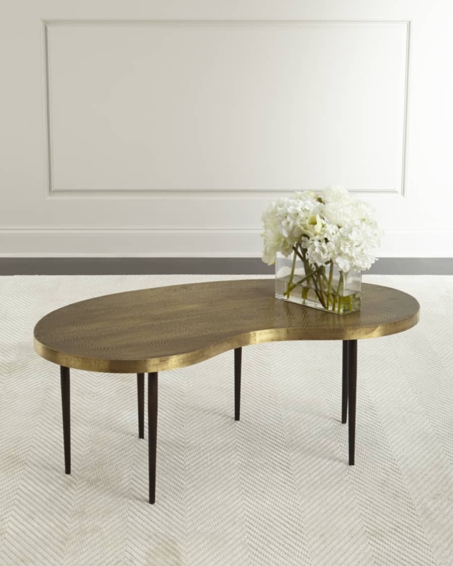 Kidney Shaped Brass Table Etched Concentric Pattern Tapered Legs