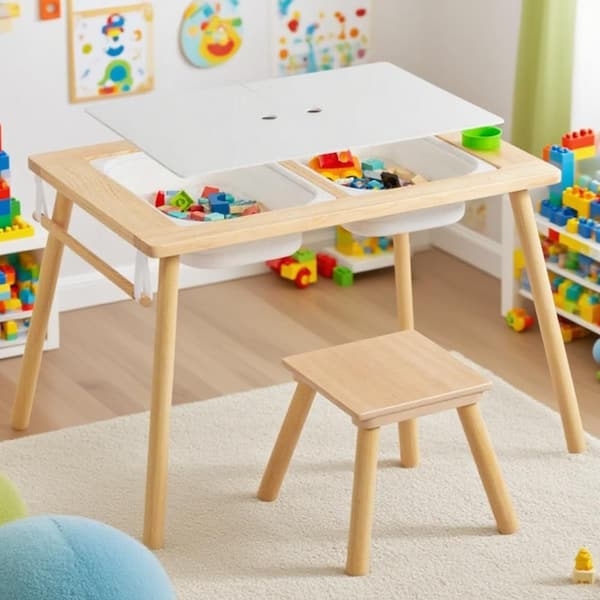 Kids Activity Table: Removable Top & Dual Storage Bins in Oak