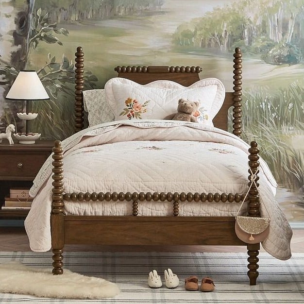 Kids Bed Walnut Brown with Bobbin Turned Spindles and Tall Posts