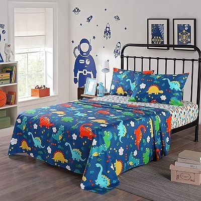 Kids Bedding Set Dinosaur Print Navy Blue Background Spindle Headboard