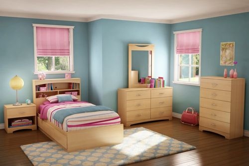 Kids Bedroom Set Transitional Natural Maple Finish Bookcase Headboard