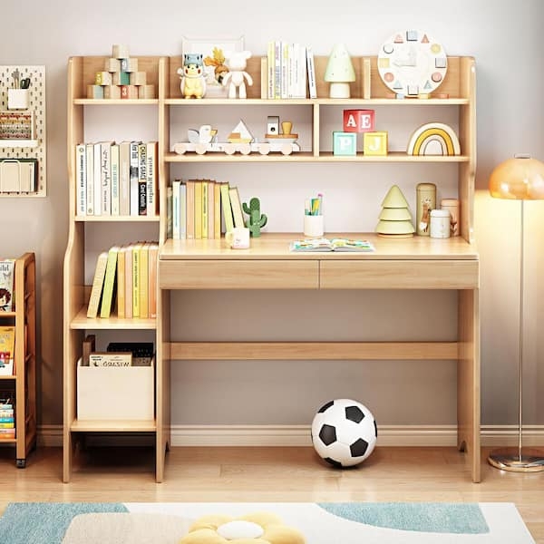Kids Desk Light Beige Wood Toned Side Bookshelf Desk Combo