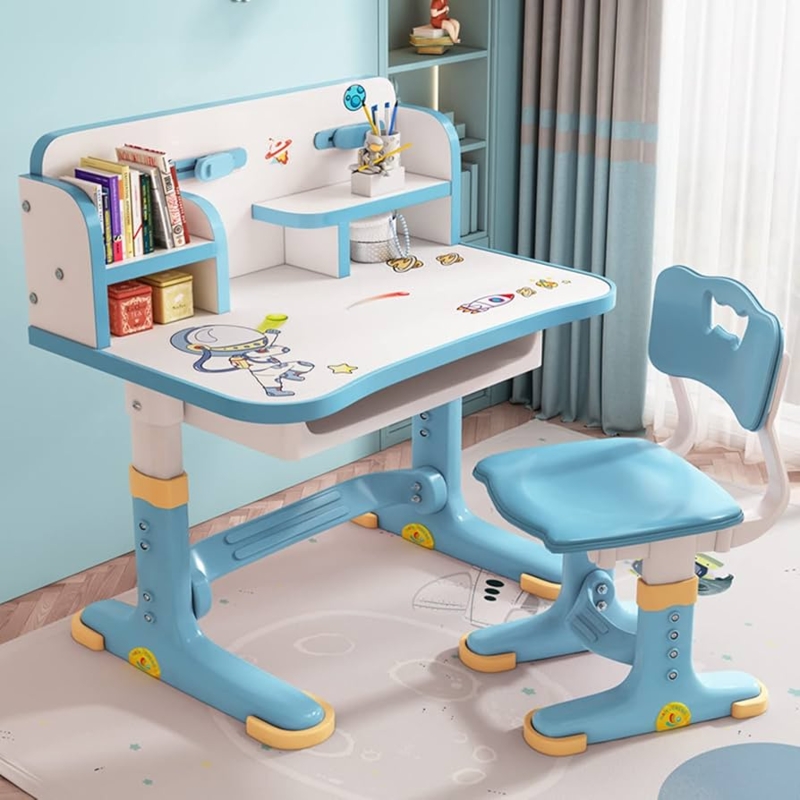 Kids Desk Set: Space Graphics, Integrated Hutch & Blue Finish