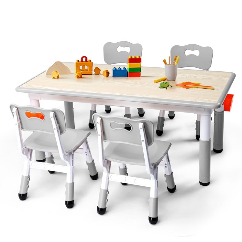 Kids Furniture Set: Four Chairs, Height Adjustable & Side Bin