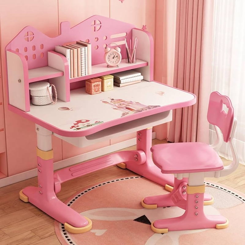 Kids Study Desk Pink Castle Backboard Whimsical Learning Station