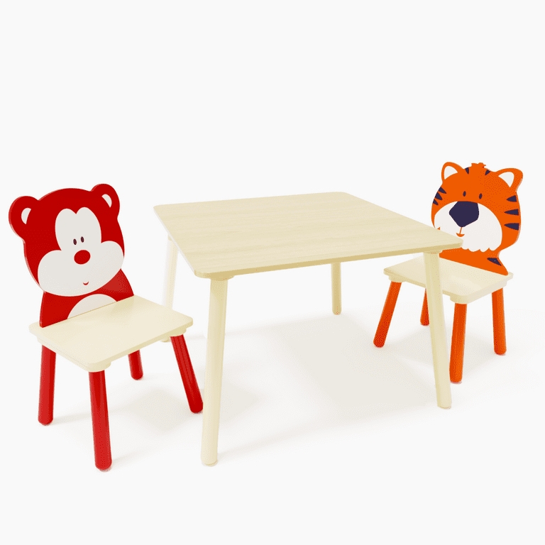 Kids Table Set: Multi-Color Legs with Bear & Tiger Backrests