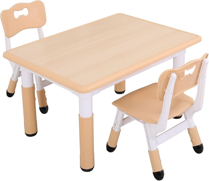 Kids Table Set: Plastic & Wood Toned with Bow Cutout Backrests