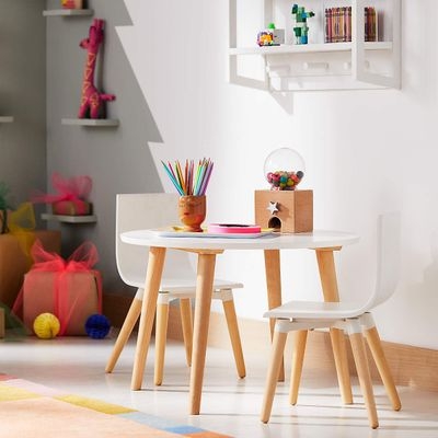 Kids Table Set Round White Top Splayed Wood Legs Minimalist