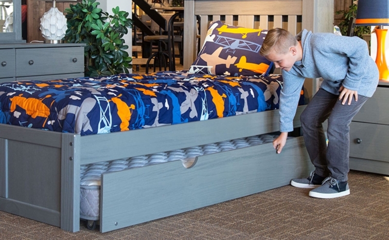 Kids Trundle Bed Grey Wood Slatted Frame Pull Out Mattress Unit