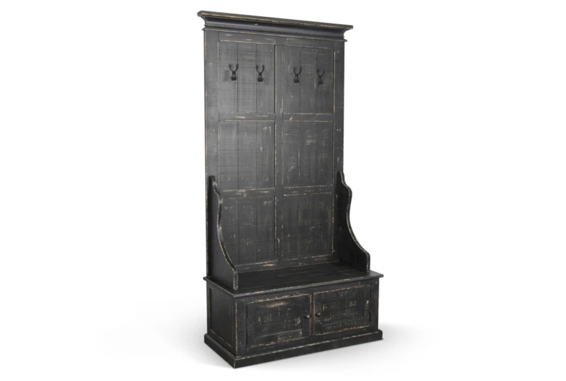 Kit-40" Distressed Black 2 Door Hall Tree Entryway Bench | Living Spaces