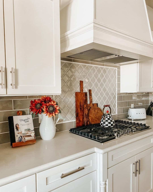 Kitchen Backsplash Arabesque Accent with Custom Wood Range Hood