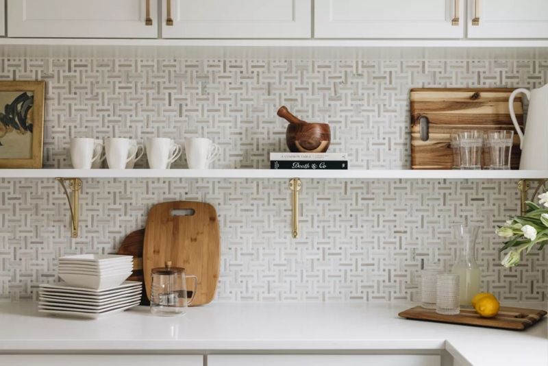 Kitchen Backsplash Basketweave Tile Pattern Gold Accents Open Shelving